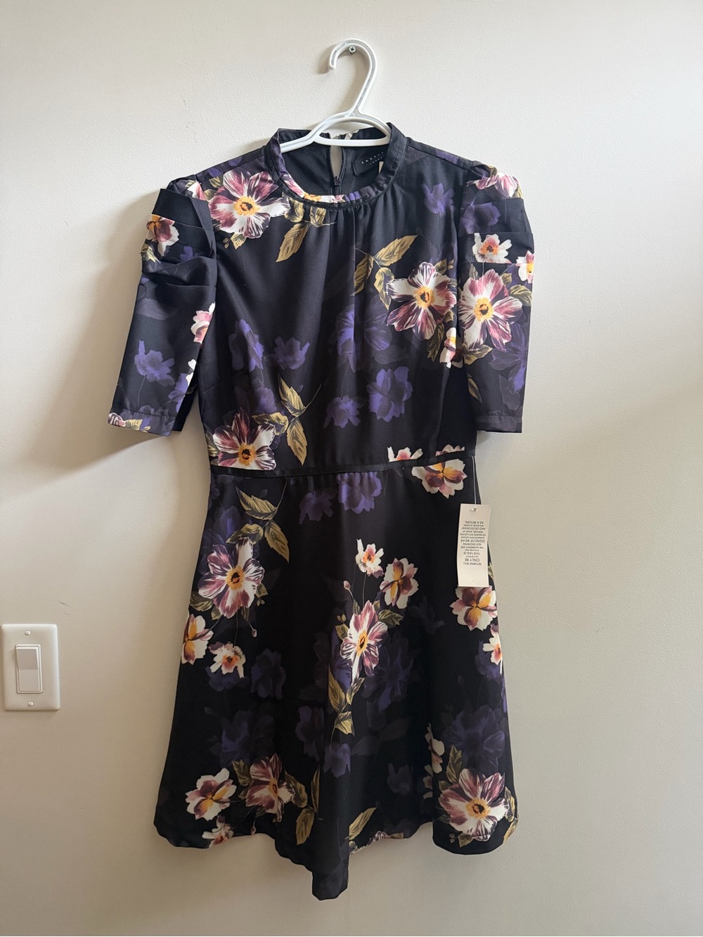 Angel Eye London Black Midi Dress with Purple & Cream Floral Print